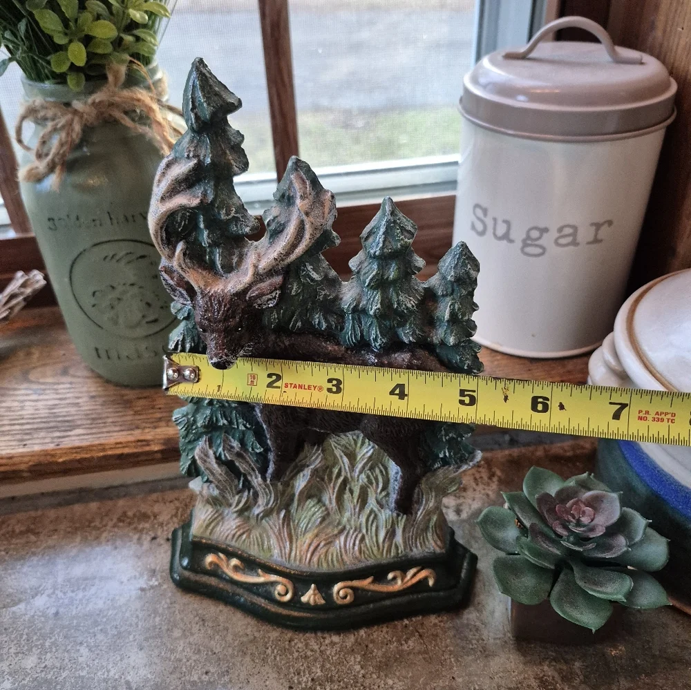 Vintage Cast Metal Deer In Woods Woodland Heavy Handpainted Door Stop / Book End